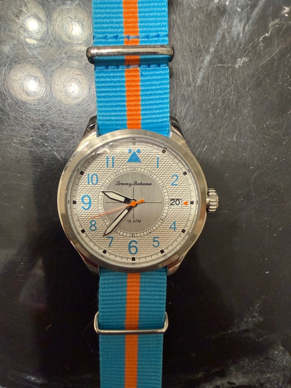Tommy Bahama Silver Dial Watch with Blue and Orange Stripe Strap